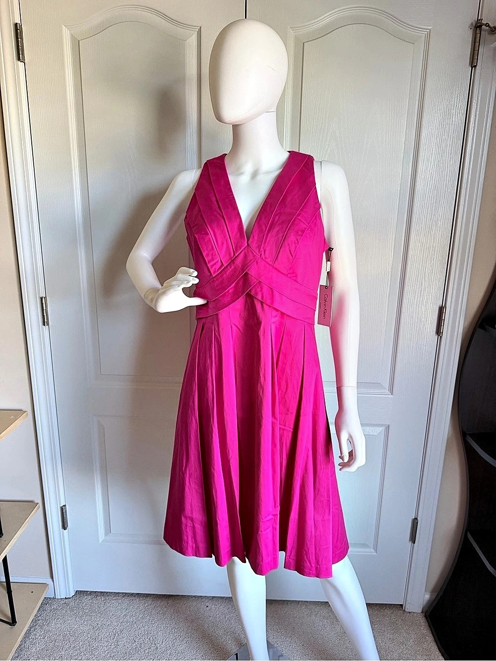 New Calvin Klein Vibrant Pink Fit & Flare Pleated Skirt Cotton Midi Dress Size10